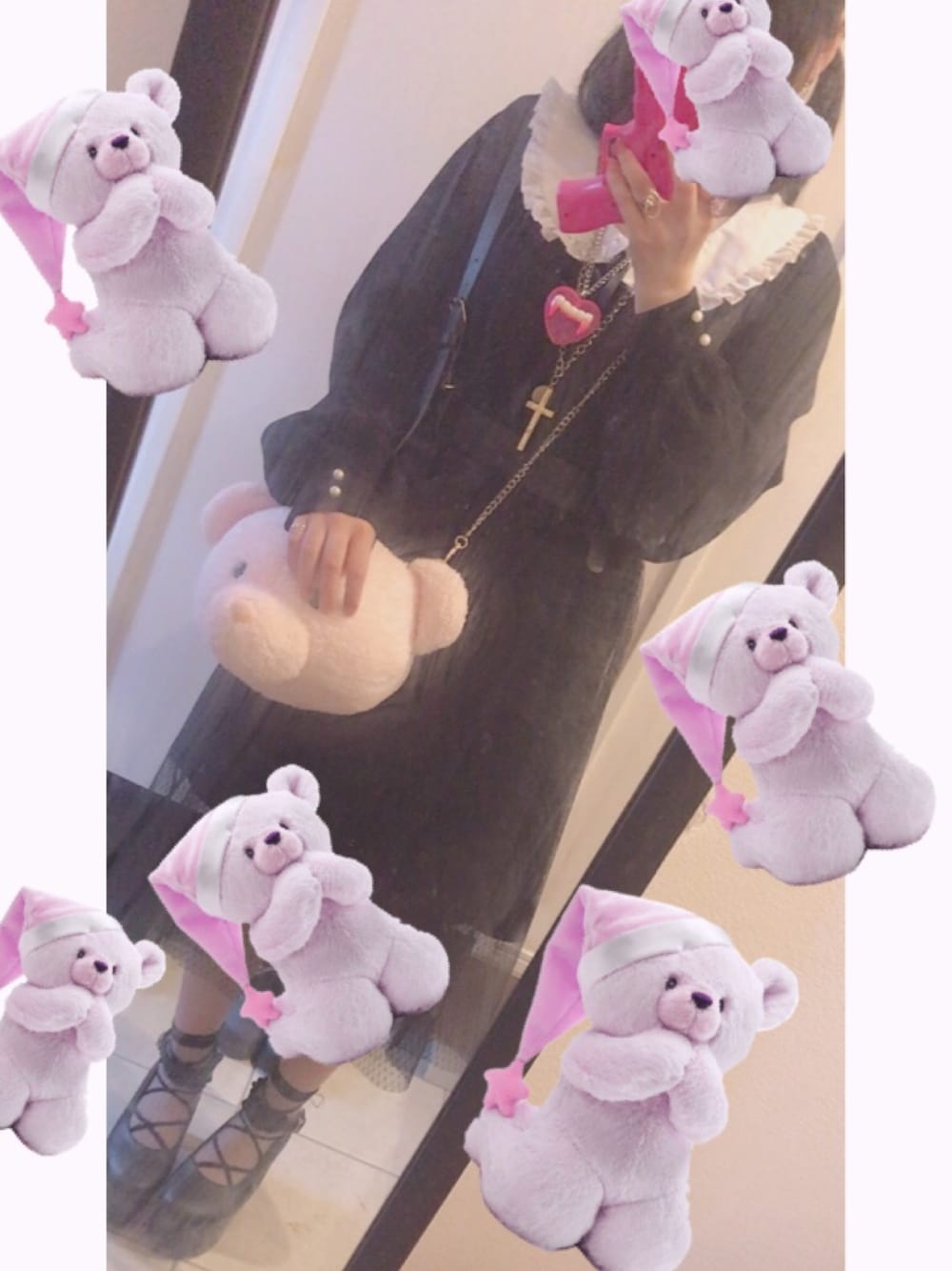 「おしゃれさんと繋がりたい、ゆめかわいい、くまさん、ハーネス、原宿、黒、ネックレス、ワンピース、厚底サンダル、ピンク」｜「SPINNSの襟切り替えリボンレトロワンピース（ワンピース、ブラック系）」を使った、のぴ🐼さん（レディース・150cm）の夏コーディネートの1枚目の写真