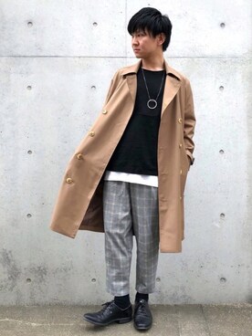 「グレンチェック」｜「アイテム（トレンチコート）」を使った、ゆうやさん（メンズ・167cm）の春コーディネート
