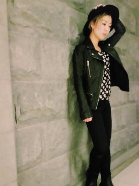 「DIESEL（ディーゼル）のアイテム（ライダースジャケット、ブラック系）」を使った、minamiyukiさん（レディース・158cm）の冬コーディネート