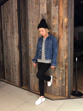 「DIESEL（ディーゼル）のアイテム（デニムパンツ、ブラック系）」を使った、minamiyukiさん（レディース・158cm）の春コーディネート