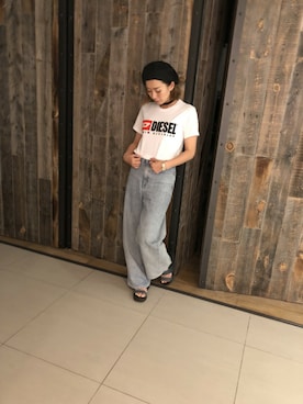 「DIESEL（ディーゼル）のアイテム（サンダル、ブルー系）」を使った、minamiyukiさん（レディース・158cm）の夏コーディネート