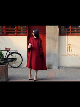 「アイテム（ダッフルコート、レッド系）」を使った、哲静さん（レディース・168cm）の冬コーディネート