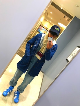 「ブルーコーデ」｜「アイテム（オールインワン・サロペット）」を使った、りょへさん（メンズ・175cm）の冬コーディネート