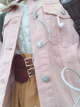 「アイテム（デニムジャケット、ピンク系）」を使った、kim🍎🍏さん（レディース・150cm）の春コーディネート