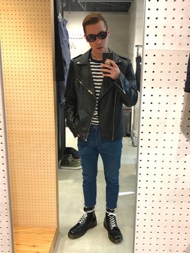 「原宿」｜「アイテム（ライダースジャケット）」を使った、熊谷さん（メンズ・173cm）の冬コーディネート