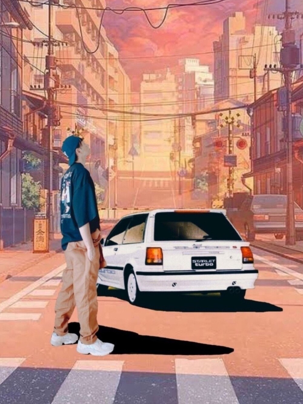 ブラック系のTシャツ/カットソー、オレンジ系のつなぎ/オールインワン、ホワイト系のスニーカーを着用したメンズの夏コーディネートの1枚目の写真