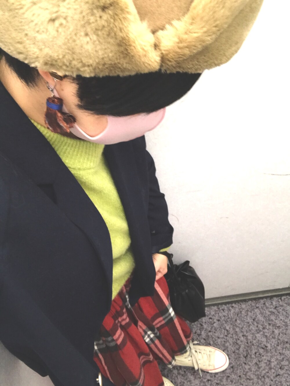 「年末WEAR感謝祭、冬コーデ、フライトキャップ、ジャケット、ニット、チェック、チェックスカート」｜「La Maison de LyllisのLa Maison de Lyllis(ラ メゾン ド リリス)  hanter フライト型キャップ（キャップ、ベージュ系）」を使った、ぽんちゃんさん（レディース・155cm）の冬コーディネートの1枚目の写真