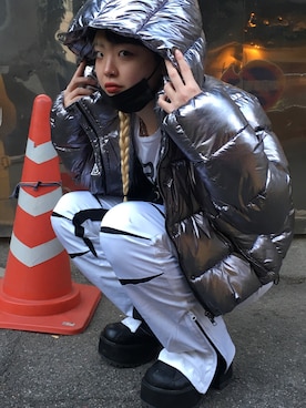 「原宿」｜「アイテム（ダウンジャケット/コート）」を使った、Aluhaさん（レディース・163cm）の冬コーディネート