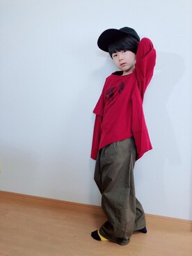 「GRISのアイテム（キャップ）」を使った、manaさん（キッズ・110cm）の冬コーディネート