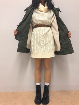 「AS KNOW AS PINKY（アズノゥアズピンキー）のアイテム（ミリタリージャケット）」を使った、miyuさん（レディース・155cm）の冬コーディネート