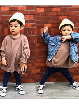 「Lee（リー）のアイテム（ニットキャップ/ビーニー）」を使った、FUJIfamさん（キッズ・90cm）の春コーディネート