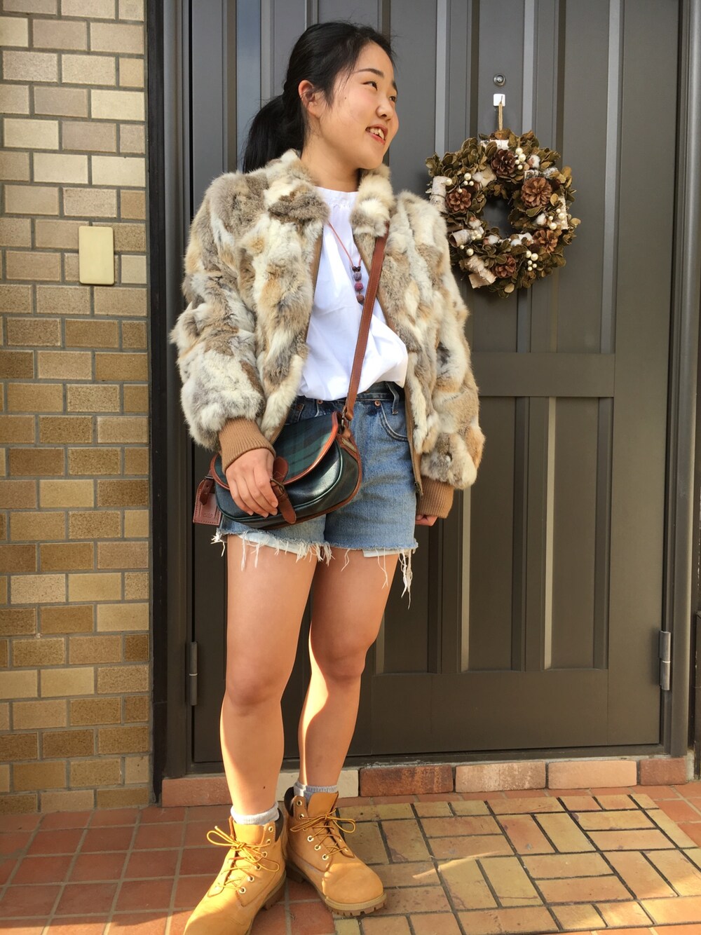 「古着、Ralph Lauren」｜「POLO RALPH LAURENのアイテム（ショルダーバッグ、グリーン系）」を使った、ちびっこさん（レディース・153cm）の冬コーディネートの1枚目の写真