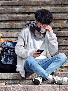 「EMMA CLOTHES（エマクローズ）のウォッシュ加工コットンビッグシルエットシャツ（シャツ/ブラウス）」を使った、しゅんたろーさん（メンズ・177cm）の秋コーディネート