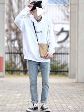 「501(R) Skinny（ゴーマルイチスキニー）の501(R) Skinny スキニージーンズ ミディアムインディゴブルー HILLMAN/14.75oz（デニムパンツ）」を使った、しゅんたろーさん（メンズ・177cm）の春コーディネート