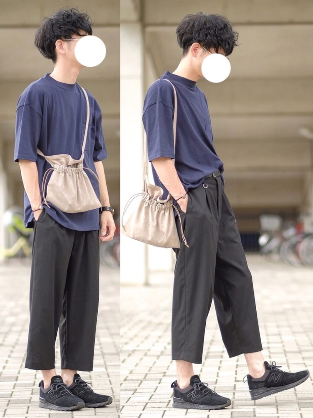「モックネックT、ショルダーバッグ、ワイドパンツ、アンクルパンツ、スラックス、スニーカー、New Balance、夏コーデ、スニーカーコーデ、ラフ」｜「Starting Overのビッグシルエット ドロップショルダーモックネックTシャツ（Tシャツ/カットソー、ブルー系）」を使った、しゅんたろーさん（メンズ・177cm）の夏コーディネートの1枚目の写真