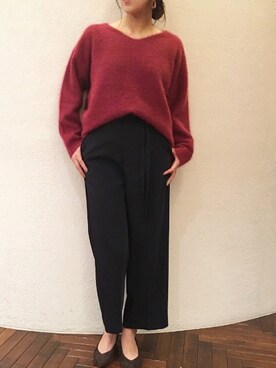 「NANO universe（ナノユニバース）のラクーンVネックプルオーバー（ニット/セーター、ピンク系）」を使った、nano・universe 渋谷神南 Womensさん（レディース・160cm）の秋コーディネート