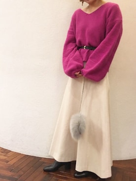 「NANO universe（ナノユニバース）のボリューム袖フォックスプルオーバー（ニット/セーター、パープル系）」を使った、nano・universe 渋谷神南 Womensさん（レディース・160cm）の秋コーディネート