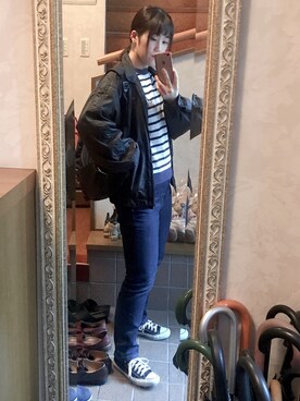 「CONVERSE（コンバース）のCONVERSE コンバース オール スター オックス / ALL STAR OX(BLACK) 32160321（スニーカー）」を使った、toさん（レディース・160cm・20代）の秋コーディネート