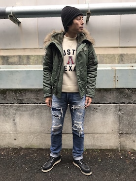 「アイテム（ミリタリージャケット）」を使った、Tsutomu Echizenさん（メンズ・172cm）の冬コーディネート