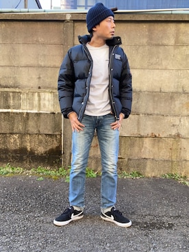 「Time is on（タイムイズオン）のアイテム（ニットキャップ/ビーニー）」を使った、Tsutomu Echizenさん（メンズ・172cm）の冬コーディネート