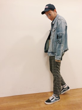 「グレンチェック」｜「アイテム（デニムジャケット）」を使った、higucciさん（メンズ・175cm）の秋コーディネート