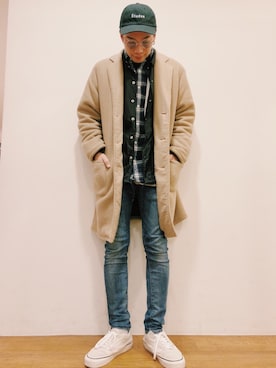 「SEVENDAYS=SUNDAY（セブンデイズサンデイ）のアイテム（チェスターコート）」を使った、higucciさん（メンズ・175cm）の冬コーディネート