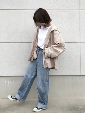 「UNIQLO（ユニクロ）のハイライズワイドストレートジーンズ（デニムパンツ）」を使った、ミィさん（レディース・152cm）の秋コーディネート