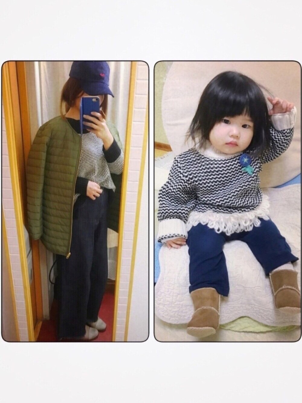 ホワイト系のニット/セーター、ブルー系のその他パンツ、ブラウン系のシューズを着用したキッズの冬コーディネートの1枚目の写真