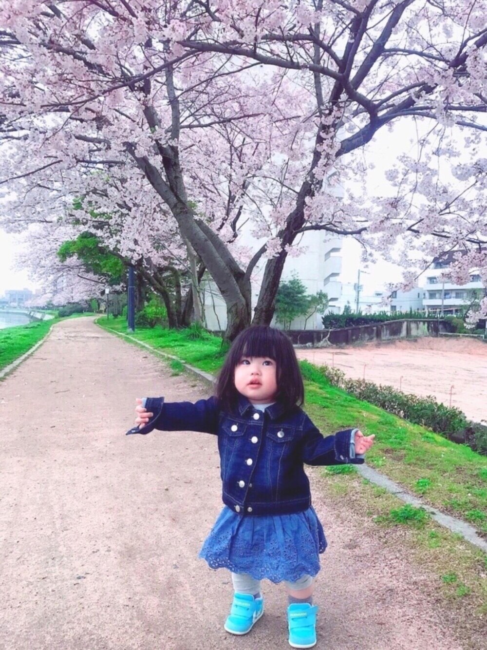 ブルー系のデニムジャケット、ブルー系のTシャツ/カットソー、ブルー系のスニーカーを着用したキッズの春コーディネートの1枚目の写真