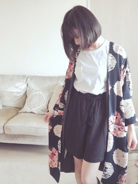 「ZARA（ザラ）のプリントキモノジャケット（その他トップス、ブルー系）」を使った、もえさん（レディース）の夏コーディネート