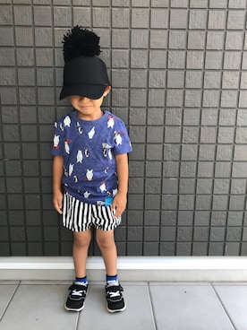 「Handmade（ハンドメイド）のアイテム（キャップ）」を使った、☁︎•ꇵ͒•`s☺︎+sa*॰¨̮さん（キッズ・90cm）の夏コーディネート