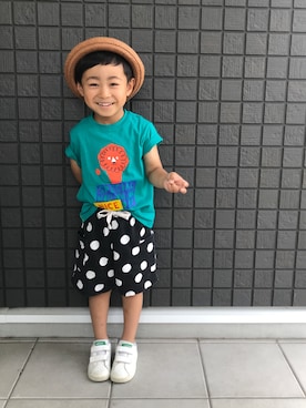 「Moujonjon（ムージョンジョン）のアイテム（Tシャツ/カットソー）」を使った、☁︎•ꇵ͒•`s☺︎+sa*॰¨̮さん（キッズ・100cm）の夏コーディネート