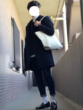 「ボーダーソックス」｜「アイテム（チェスターコート）」を使った、ショーさん（メンズ・173cm）の春コーディネート