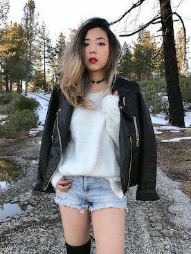 「chic」｜「アイテム（ライダースジャケット）」を使った、Stephanieさん（レディース・168cm）の冬コーディネート