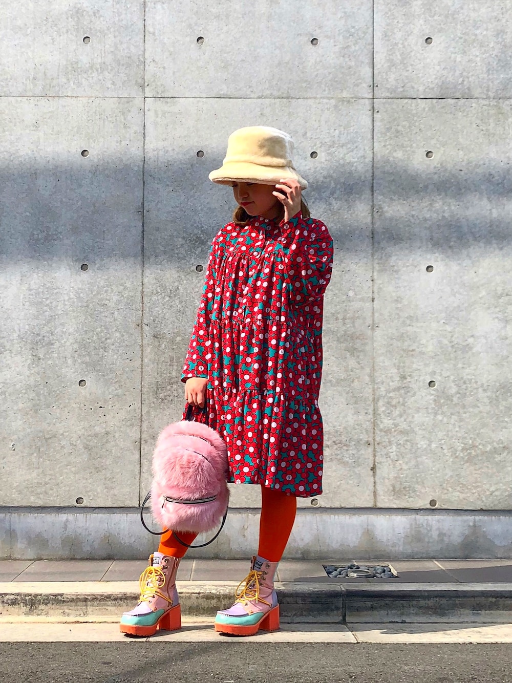 「90’s、little sunny bite、ご近所物語」｜「Little sunny biteのLittleSunnyBite/リトルサニーバイト/FLORAL DRESS（ワンピース、レッド系）」を使った、ﾐﾁさん（レディース・149cm）の秋コーディネートの1枚目の写真