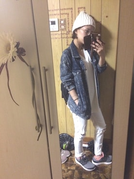 「adidasスニーカー」｜「アイテム（デニムジャケット）」を使った、mina.minさん（レディース・154cm）の春コーディネート