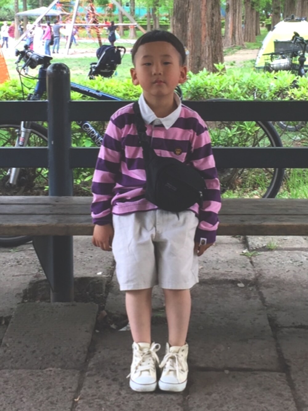 「キッズファッション、5歳、Bape、Polo Ralph Lauren、converse、jansport、保育園、Ｂ－ｂｏｙ、ラガーシャツ、裏原」｜「A BATHING APEのアイテム（その他トップス、ピンク系）」を使った、ryothedarthvaderさん（キッズ・120cm）の夏コーディネートの1枚目の写真