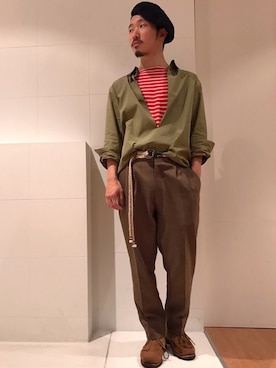 「オリーブ」｜「アイテム（ハンチング/ベレー帽）」を使った、YutaYanagihoriさん（メンズ・164cm）の春コーディネート