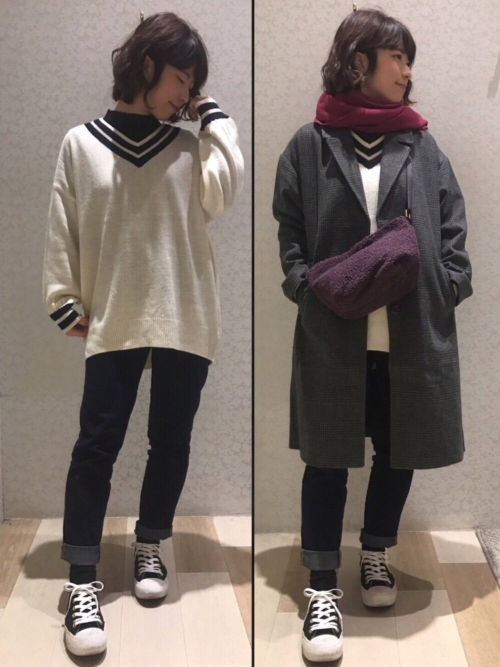 「Vネック、チュニック、グレンチェック、チェスターコート、デニム、デニムパンツ、ストール、ボア、ショルダーバッグ、Green Parks」｜「RAY CASSIN FAVORIの・RAY CASSIN ラインVネックニットチュニック（チュニック、ホワイト系）」を使った、ちろまる.°+*さん（レディース・155cm）の冬コーディネートの1枚目の写真