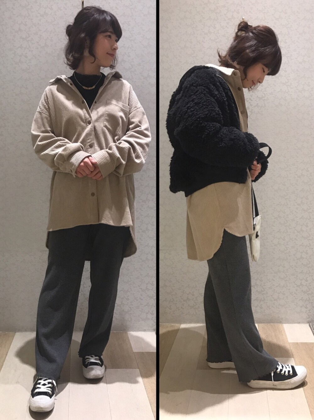 「チュニック、シャツスタイル、コールテン、リブパンツ、裾フリル、ボア、ボアジャケット、カジュアル、Green Parks、earth music&ecology」｜「Green　Parksの・オニコールビッグシャツチュニック（チュニック、ベージュ系）」を使った、ちろまる.°+*さん（レディース・155cm）の冬コーディネートの1枚目の写真