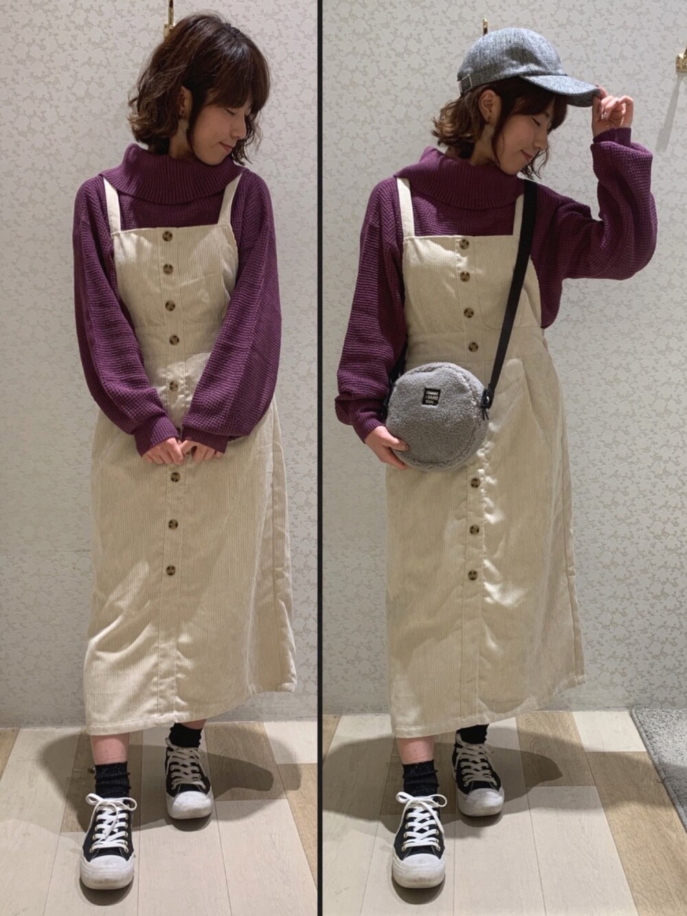 「タートルネック、パープル、コーデュロイ、ジャンパースカート、ワンピース、グレンチェック、キャップ、ボア、Green Parks、earth music&ecology」｜「earth music&ecologyの・ルーズタートルニットプルオーバー ●（ニット/セーター、パープル系）」を使った、ちろまる.°+*さん（レディース・155cm）の冬コーディネートの1枚目の写真