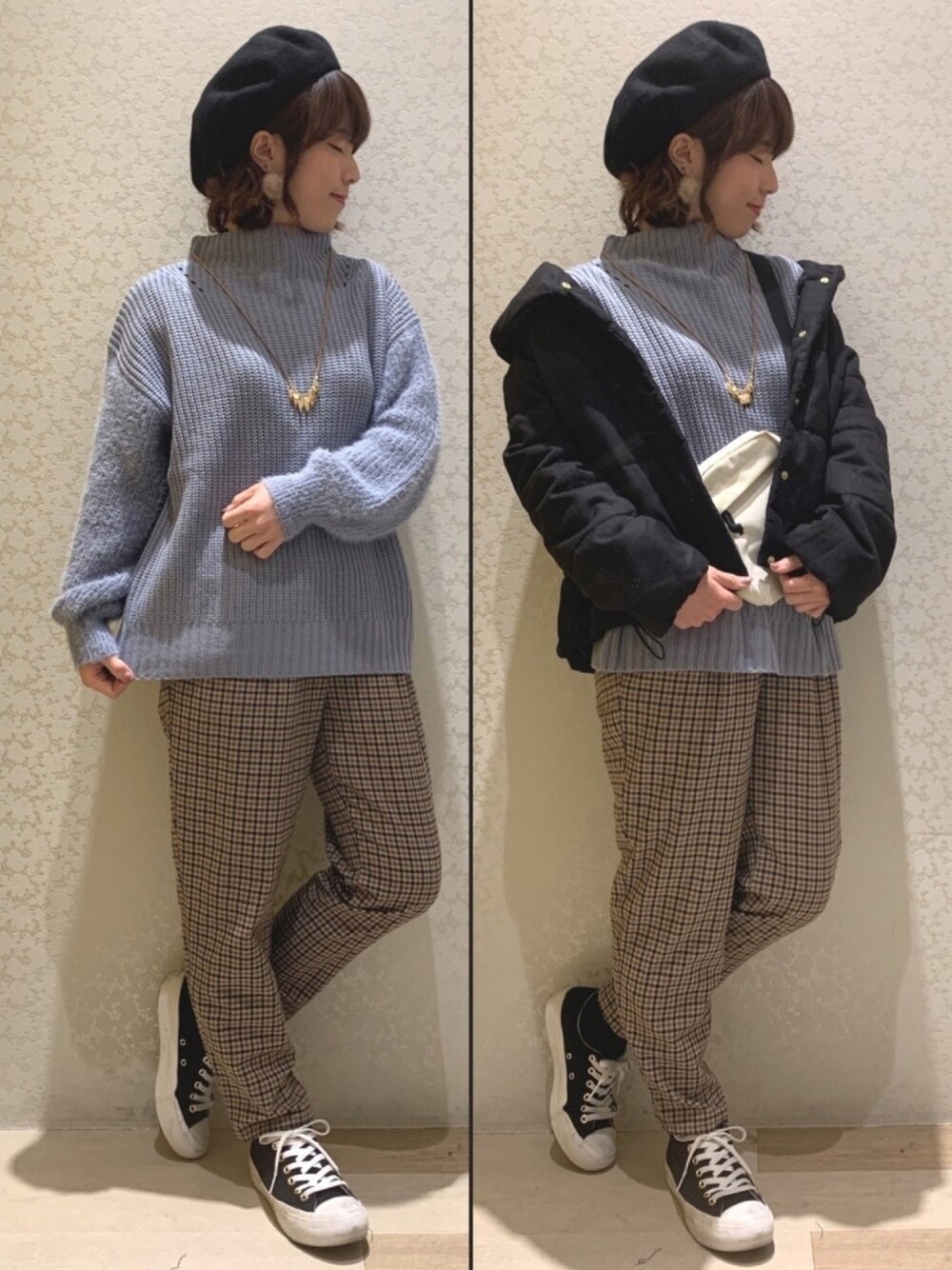 「中綿ジャケット、ボトルネック、フェザー、デザイントップス、チェック、チェックパンツ、ベレー帽、サコッシュ、Green Parks、earth music&ecology」｜「earth music&ecologyの・ショート中綿ブルゾン ○（ブルゾン、ブラック系）」を使った、ちろまる.°+*さん（レディース・155cm）の冬コーディネートの1枚目の写真