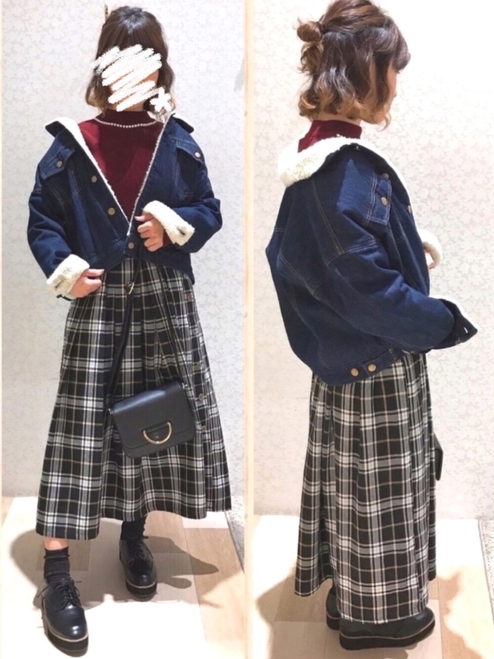 「Gジャン、裏ボア、ボア、パールニット、ハイネックニット、チェックスカート、チェック、マニッシュシューズ、Green Parks、earth music&ecology」｜「RAY CASSIN FAVORIの・RAY CASSIN パール付リブハイネック（ニット/セーター、レッド系）」を使った、ちろまる.°+*さん（レディース・155cm）の冬コーディネートの1枚目の写真
