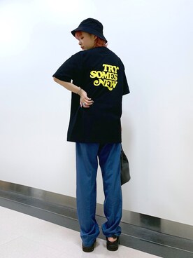 「PBLIM（ページボーイリム）のPAGEBOYLIM/ロゴ刺繍バケットハット2（ハット）」を使った、まいてぃさん（レディース・157cm・20代）の春コーディネート