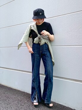 「PBLIM（ページボーイリム）のPAGEBOYLIM/ロゴ刺繍バケットハット2（ハット）」を使った、まいてぃさん（レディース・157cm・20代）の春コーディネート