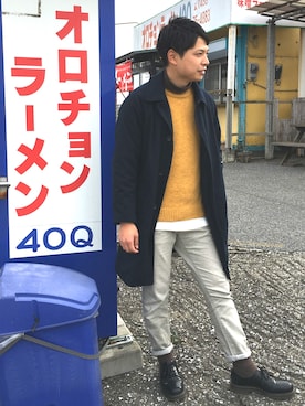 「koe（コエ）のアイテム（チェスターコート）」を使った、takapir0さん（メンズ・171cm）の冬コーディネート