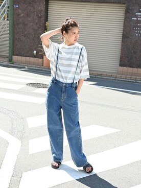 「NAVY（ネイビー）のアイテム（パンツ）」を使った、マックハウスZOZOスタイリスト レディースさん（レディース・163cm）の夏コーディネート