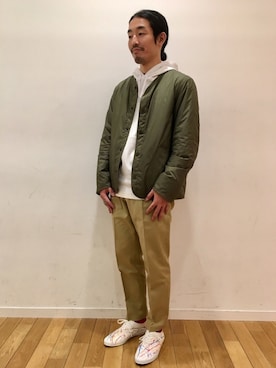 「GYMPHLEX（ジムフレックス）のアイテム（ノーカラージャケット）」を使った、kitchen&garden新丸ビル店スタッフさん（レディース・172cm）の冬コーディネート