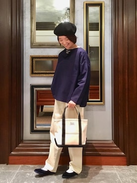 「バスクシャツ」｜「アイテム（ハンチング/ベレー帽）」を使った、kitchen&garden新丸ビル店スタッフさん（レディース・155cm）の秋コーディネート
