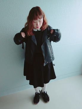 「ぽっちゃりコーデ」｜「アイテム（ライダースジャケット）」を使った、ASAMIさん（レディース・154cm）の冬コーディネート